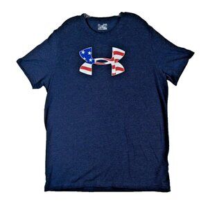 Under Armour T Shirt Mens XL Blue Loose HeatGear Sports AMERICAN FLAG Logo